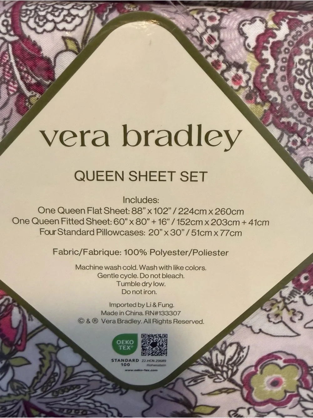 Vera Bradley Pink and Green Floral Cotton Sheet Set